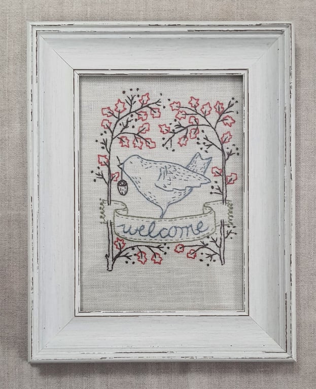 Hand Embroidered Welcome Bird Picture in Rustic White Frame 