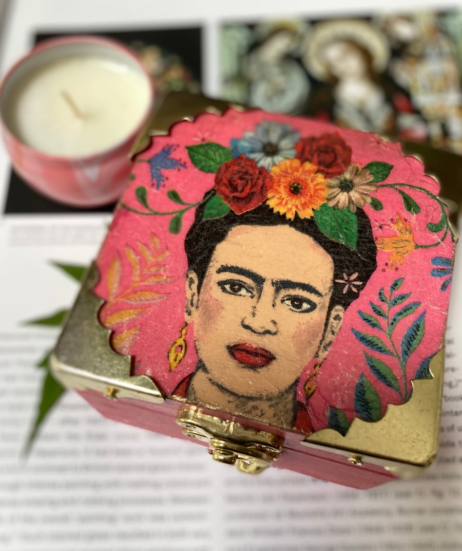 Frida Kahlo Decoupage Trinket Box Pink Square W... - Folksy