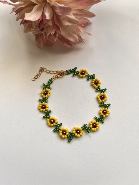 Yellow Daisy bead ankle chain floral flower beaded boho green ditsy anklet women