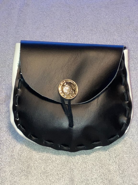 Pouch: Black & White coloured Leather Medieval Style W Gold Decorative Closure