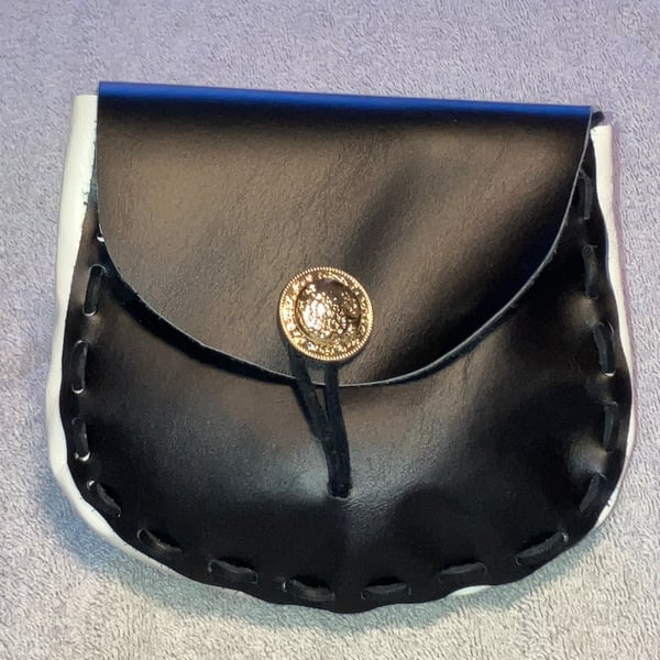 Pouch: Black & White coloured Leather Medieval Style W Gold Decorative Closure