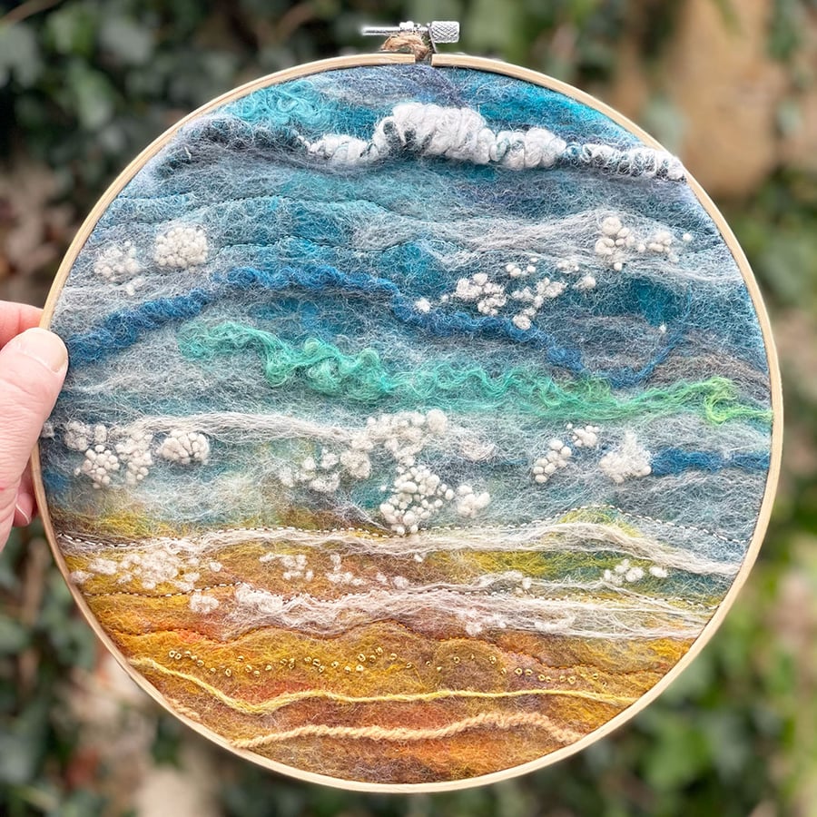 Sand and Sea Wet Felted and Needle Felted Picture with Hand Embroidery.