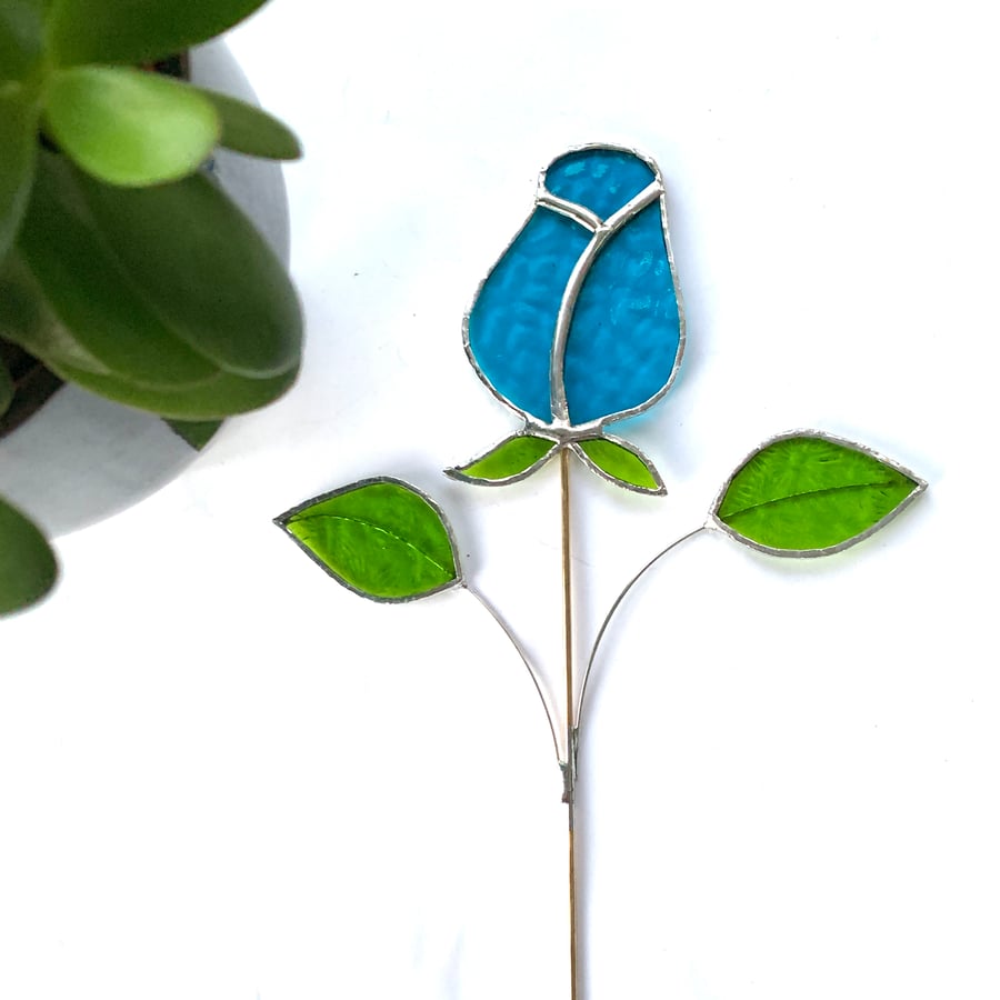 Stained  Glass Rose Stake - Plant Pot Decoration - Petrol Blue