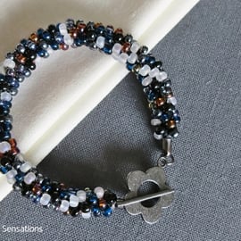 Black, White, Blue, Amber, Copper Kumihimo Seed Bead Fashion Bracelet