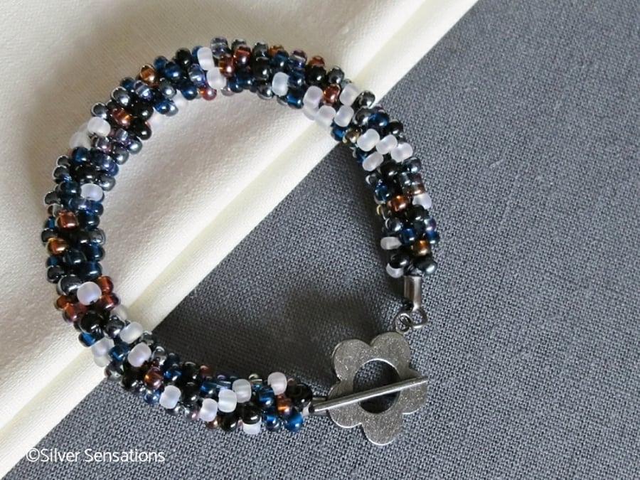 Black, White, Blue, Amber, Copper Kumihimo Seed Bead Fashion Bracelet
