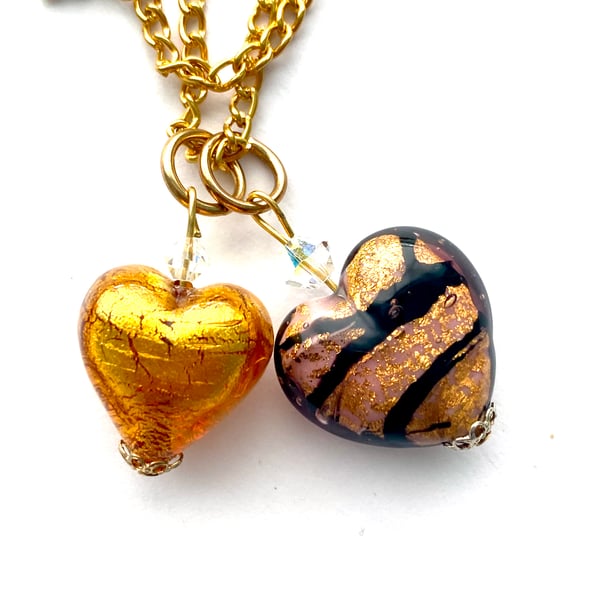 Murano glass gold double heart pendant with Swarovski crystal.