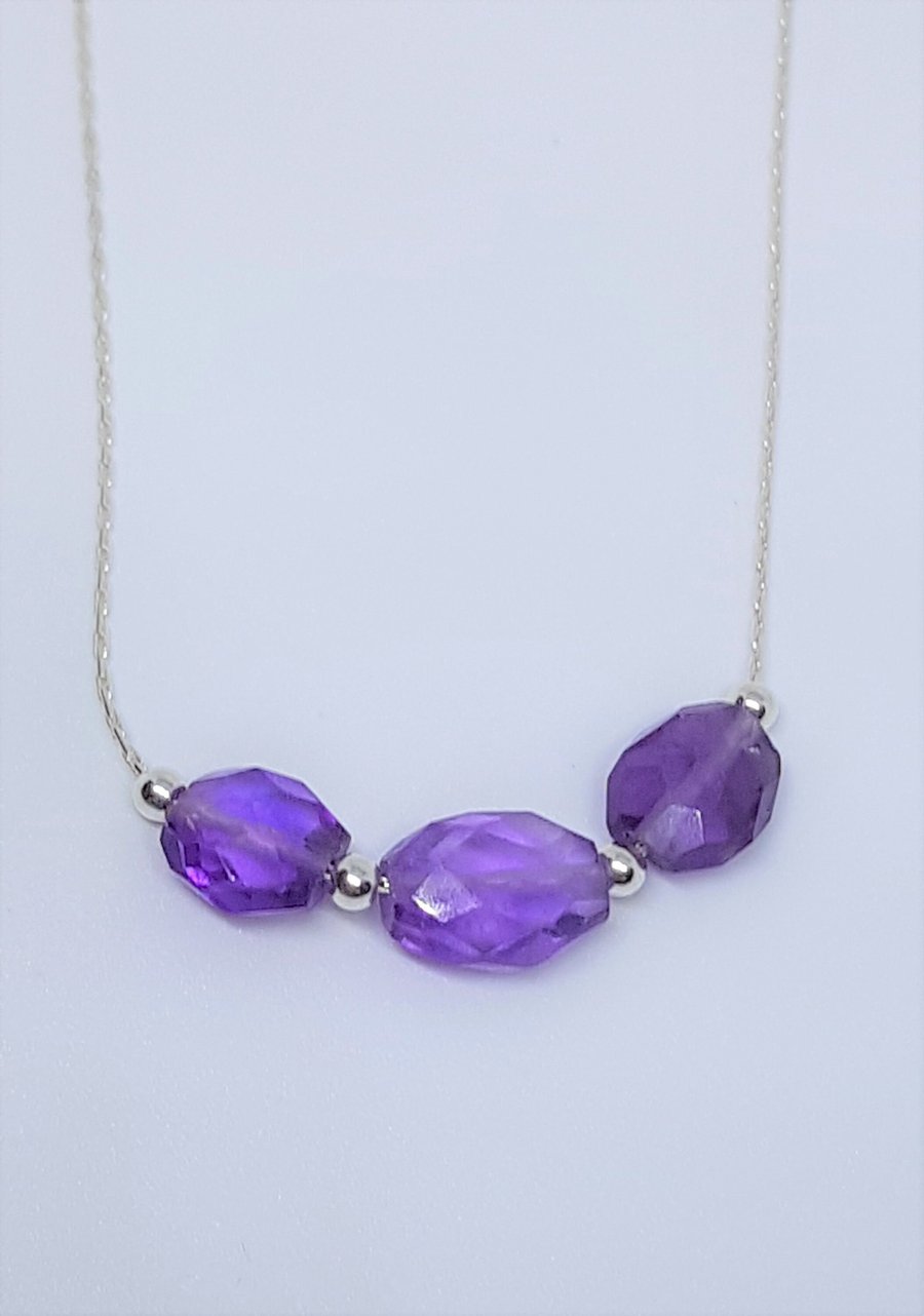 Faceted Amethyst Trio Gemstone Sterling Silver Necklace