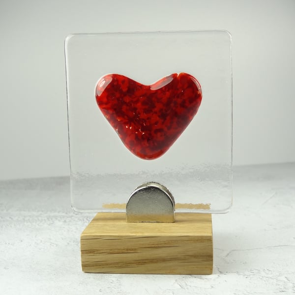 Handcrafted red heart fused glass picture in an oak stand – Unique gift