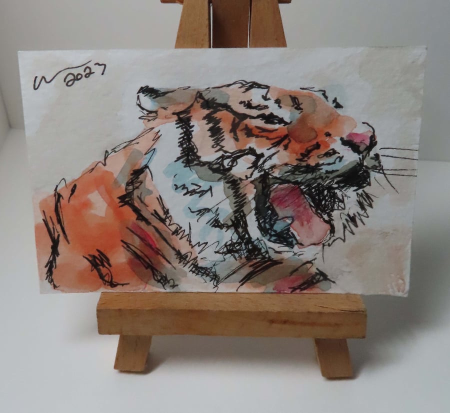 ACEO Animal Art Tiger Roar Original Watercolour Ink Painting OOAK 