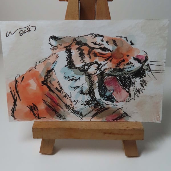 ACEO Animal Art Tiger Roar Original Watercolour Ink Painting OOAK 
