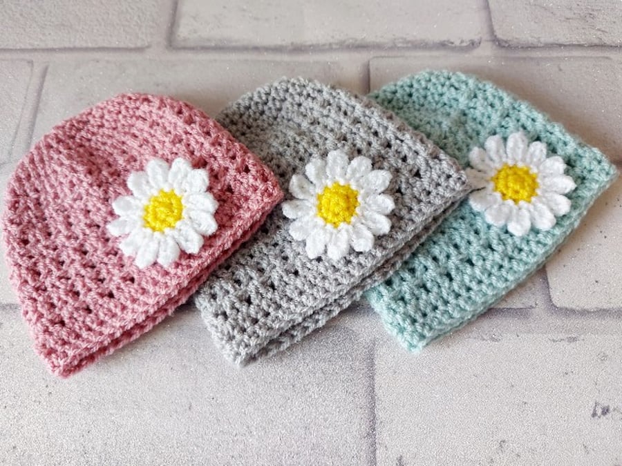 Handmade Daisy Crochet Hat, Sizes Newborn to 2 Years, Made To Order