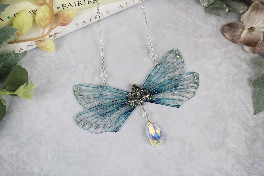 Fancy Ice Blue Cicada Fairy Wing Butterfly Cicada Necklace - Boho Festival 
