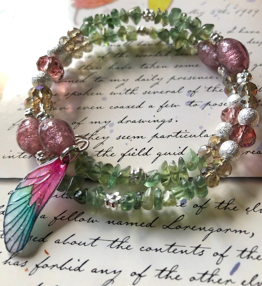 Mauve Beaded Green Aventurine Crystal Fairy Wing Beaded Bracelet