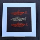 Three fish hand embroidered picture.