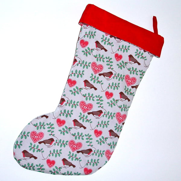 SMALL Christmas Stocking Robin Red Green Scandi Robins Xmas Stockings 10"