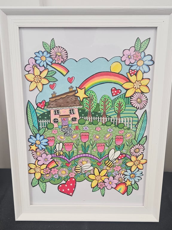 A cute little house with rainbow and flowers layered original artwork.