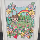 A cute little house with rainbow and flowers layered original artwork.