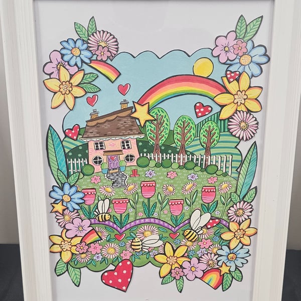 A cute little house with rainbow and flowers layered original artwork.
