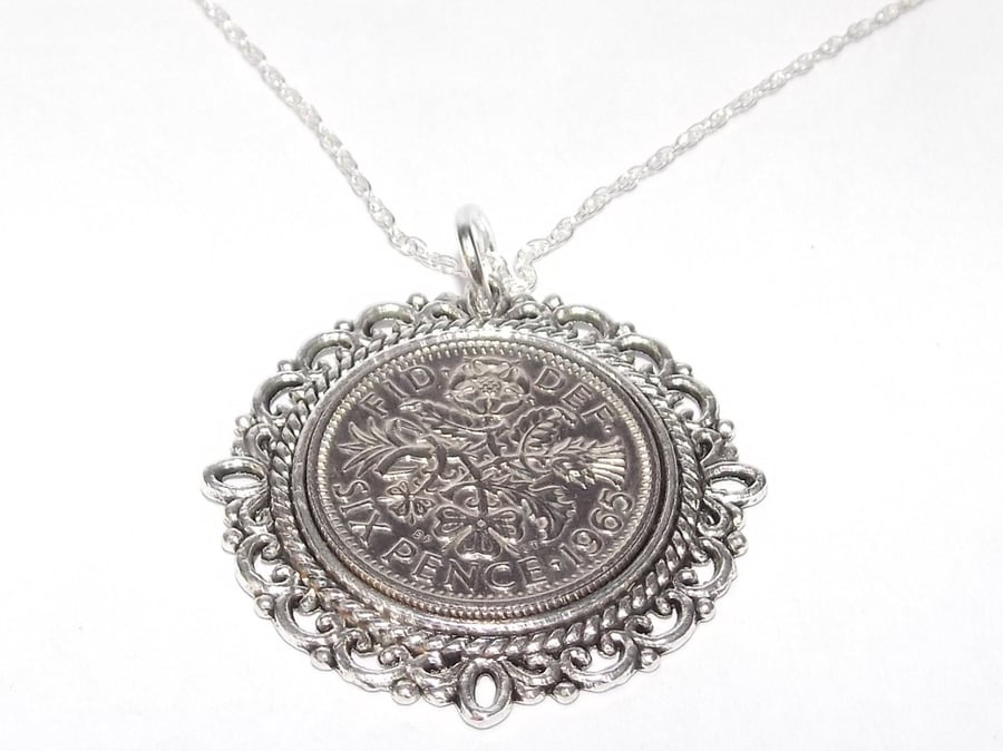 Fancy Pendant 1965 Lucky sixpence 59th Birthday plus a Sterling Silver 18in Chai