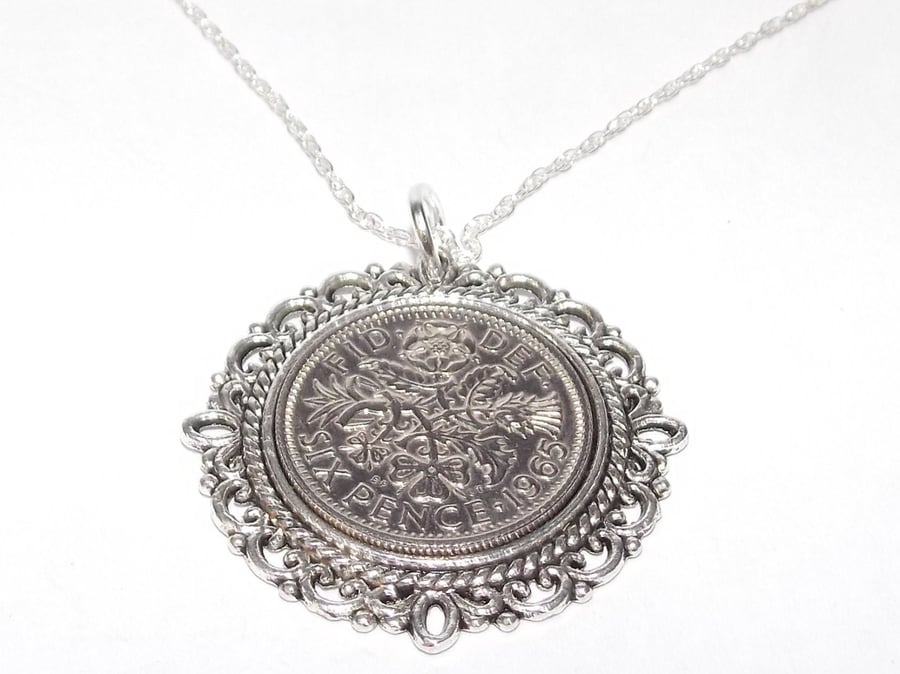 Fancy Pendant 1965 Lucky sixpence 60th Birthday plus a Sterling Silver 18in Chai