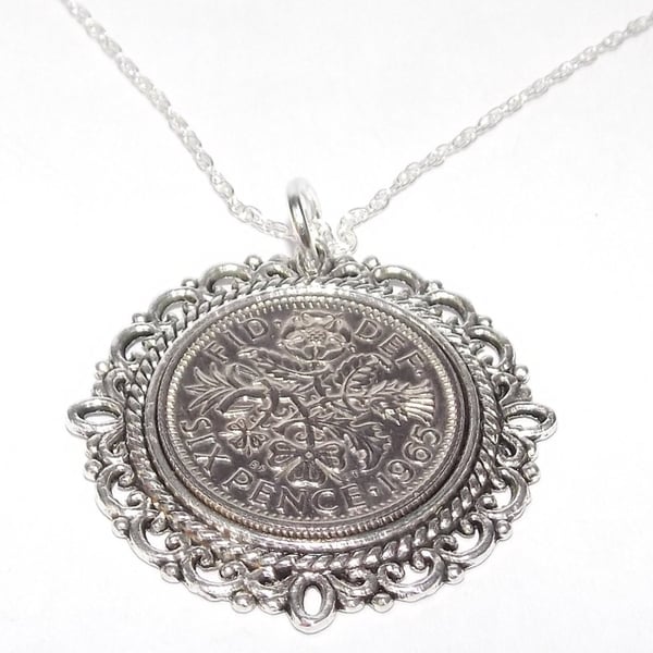 Fancy Pendant 1965 Lucky sixpence 59th Birthday plus a Sterling Silver 18in Chai