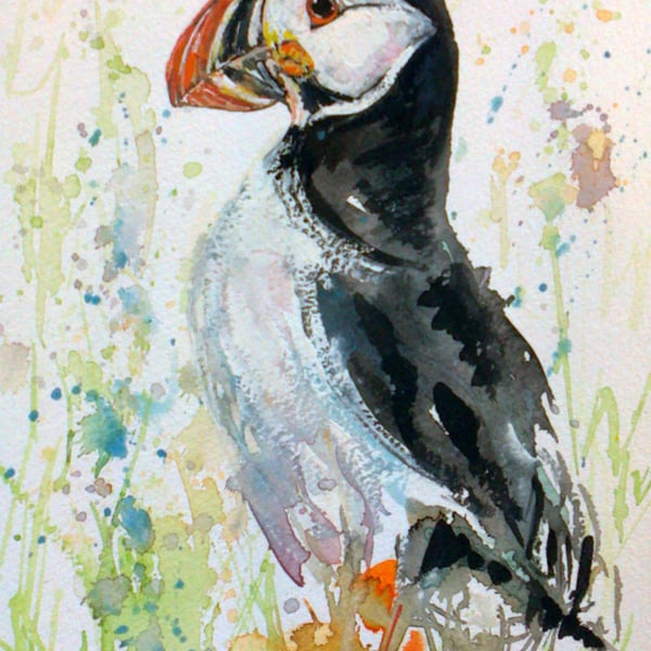 ‘Puffin’ Mixed Media Watercolour A5 Greetings Card from an Original Artwork