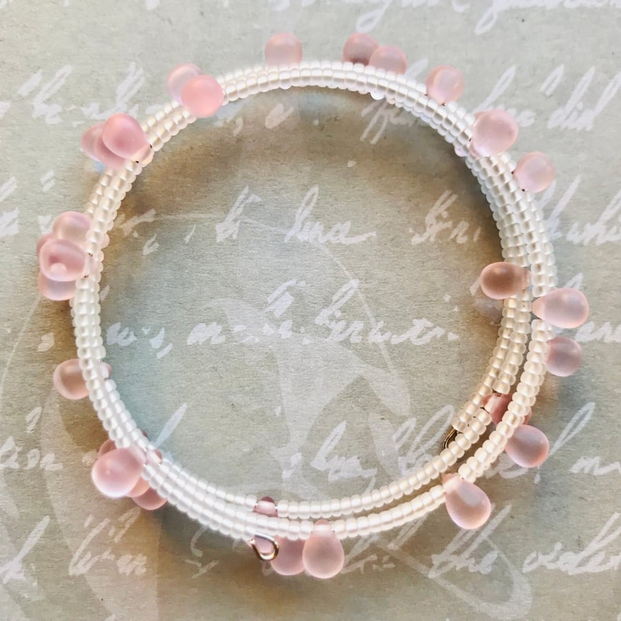 Pale Pink Beaded Memory Wire Bracelet 