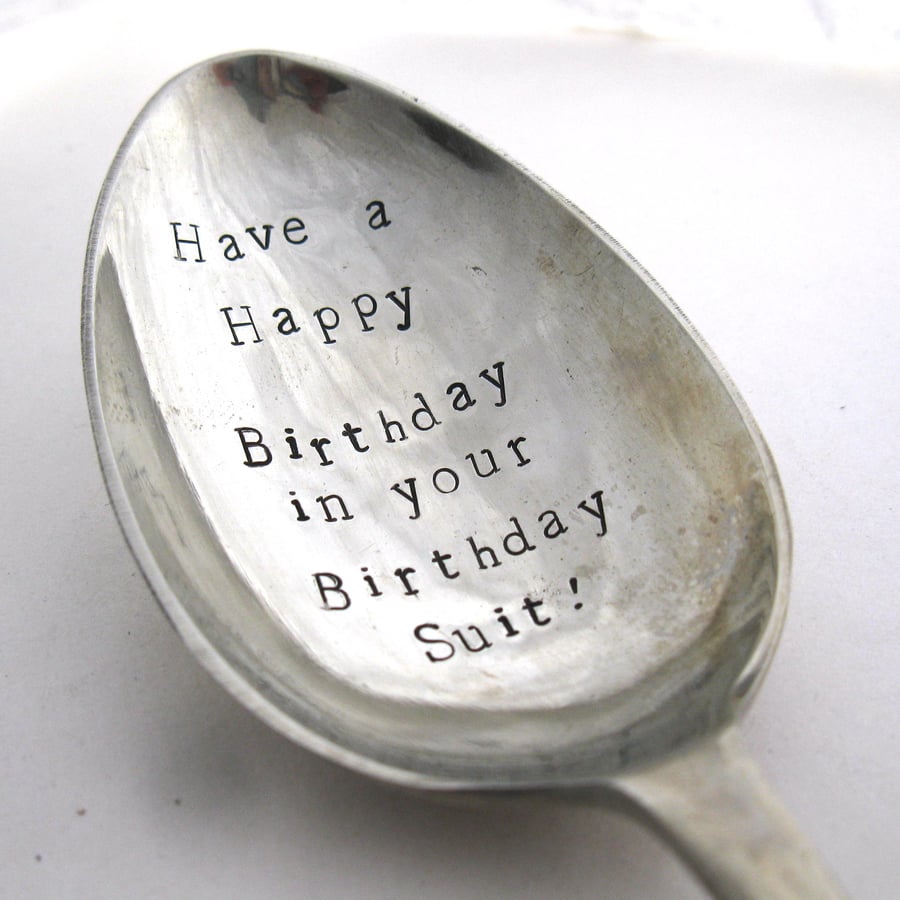 Naturist Birthday Suit Spoon, Hand Stamped Vintage Dessertspoon