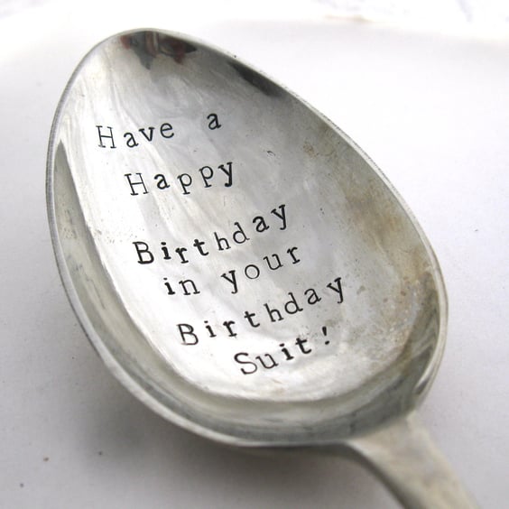 Naturist Birthday Suit Spoon, Hand Stamped Vintage Dessertspoon