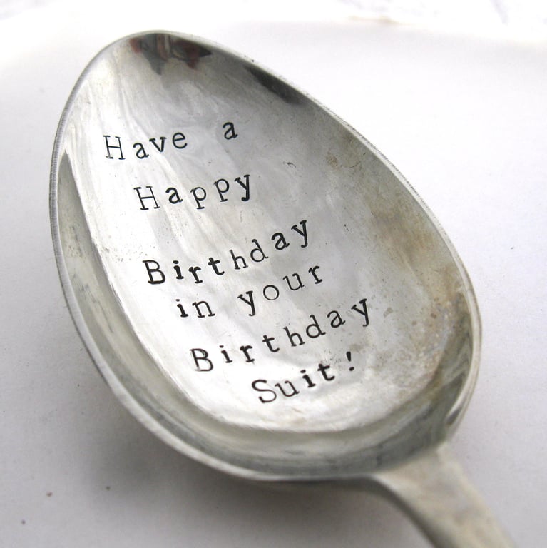 Naturist Birthday Suit Spoon, Hand Stamped Vintage Dessertspoon