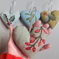 Handmade Christmas decorations, padded hanging heart, Holly, mistletoe, berries