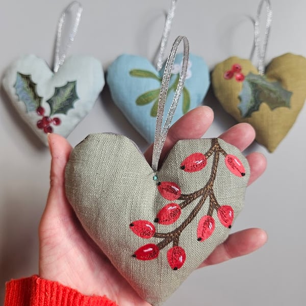 Handmade Christmas decorations, padded hanging heart, Holly, mistletoe, berries