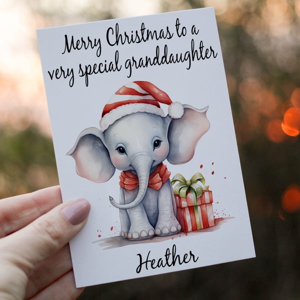 Elephant Christmas Card, Granddaughter Christmas Card, Personalized Card 