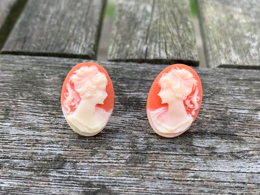 Orange and cream cameo stud earrings