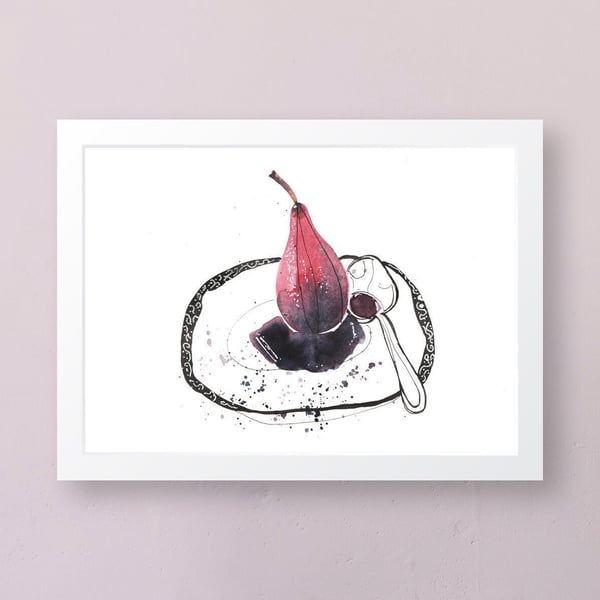 Pears in Red Wine Watercolour and Ink A4 Art Print