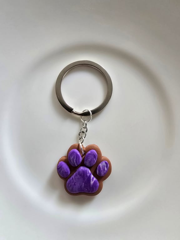 Polymer clay purple paw print keyring or bag charm