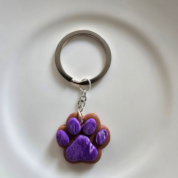 Polymer clay purple paw print keyring or bag charm