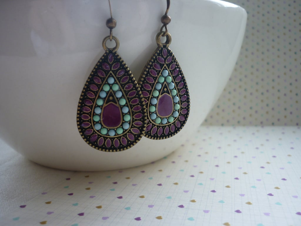PURPLE, AQUA AND BRONZE PAISLEY TEARDROP BOHO STYLE EARRINGS.