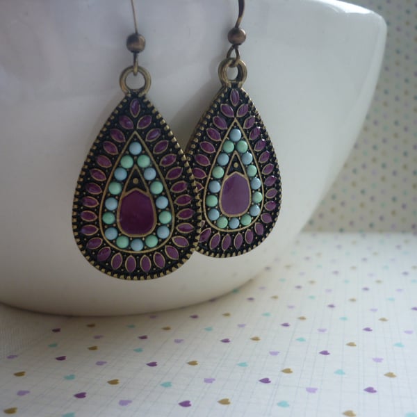 PURPLE, AQUA AND BRONZE PAISLEY TEARDROP BOHO STYLE EARRINGS.