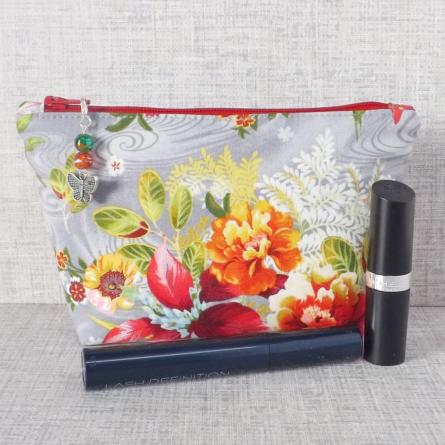 Make up bag, zipped pouch, cosmetic bag. floral bag, perfectly imperfect