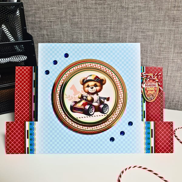 Teddy Bear In A Racing Car Stepper Card For Birthdays or Father's Day 