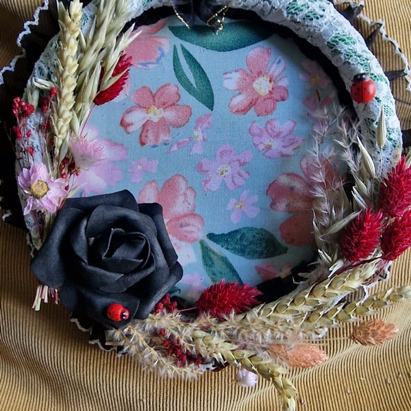 Handmade decorative wreath style mounted hanging frame with real dried flowers