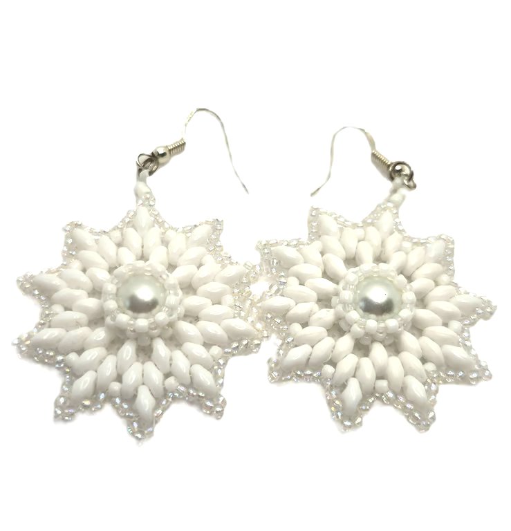 White beaded snowflake drop earrings with faux pearl centres