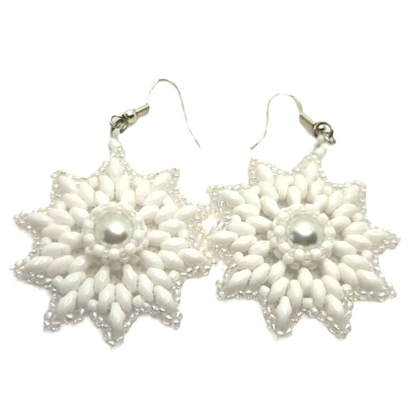 White beaded snowflake drop earrings with faux pearl centres