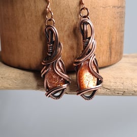 Handmade Natural Sunstone & Copper Dangle Orange Earrings Gift Jewellery