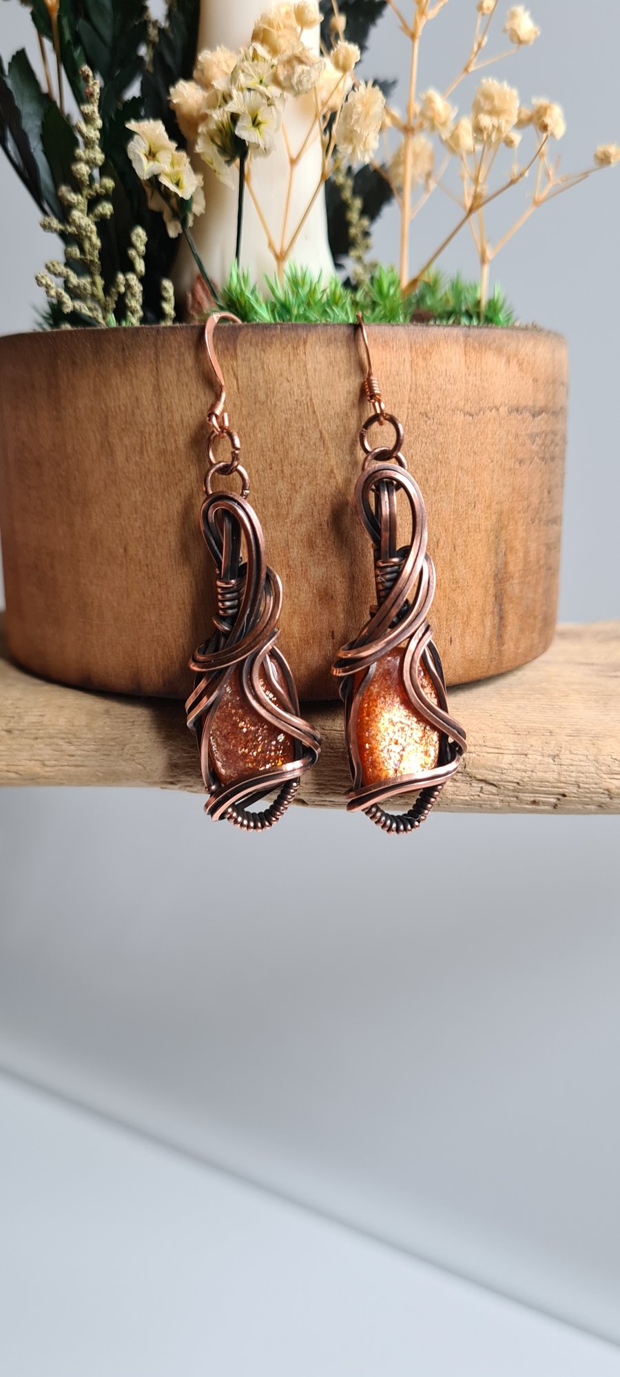 Handmade Natural Sunstone & Copper Dangle Orange Earrings Gift Jewellery