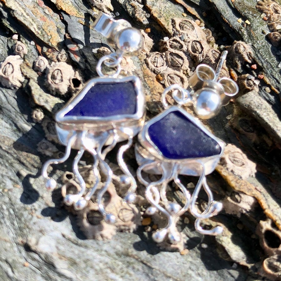 Cobalt Blue Sea Glass and Sterling Silver Jelly Fish Earrings - 1099