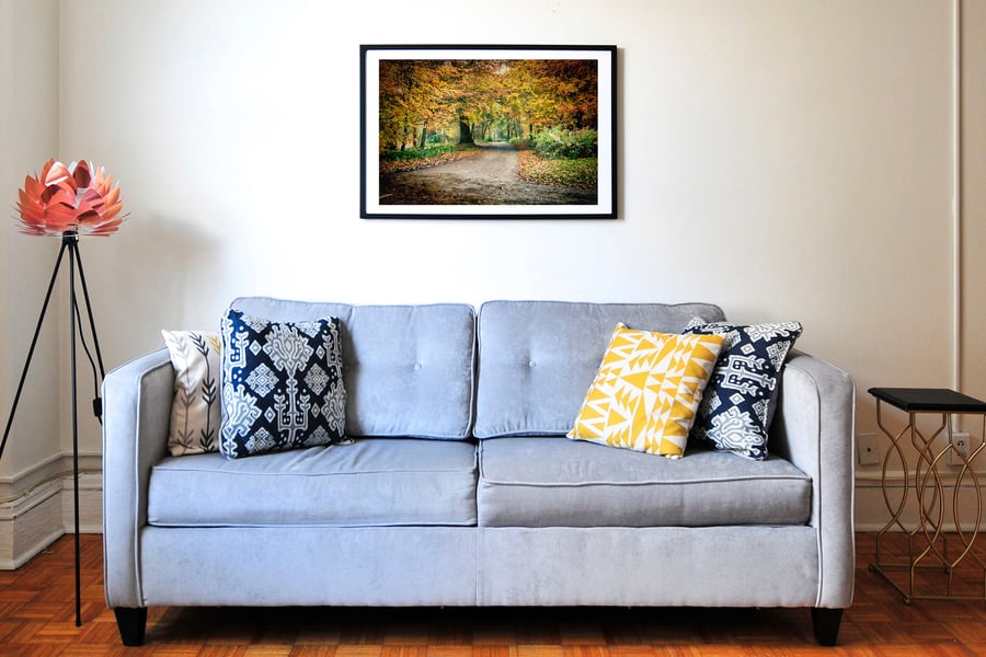 Pathway through the autumn forest wall art print