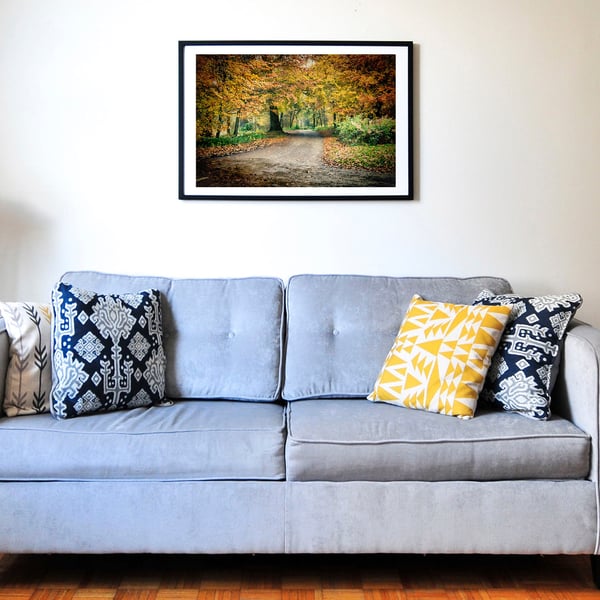 Pathway through the autumn forest wall art print