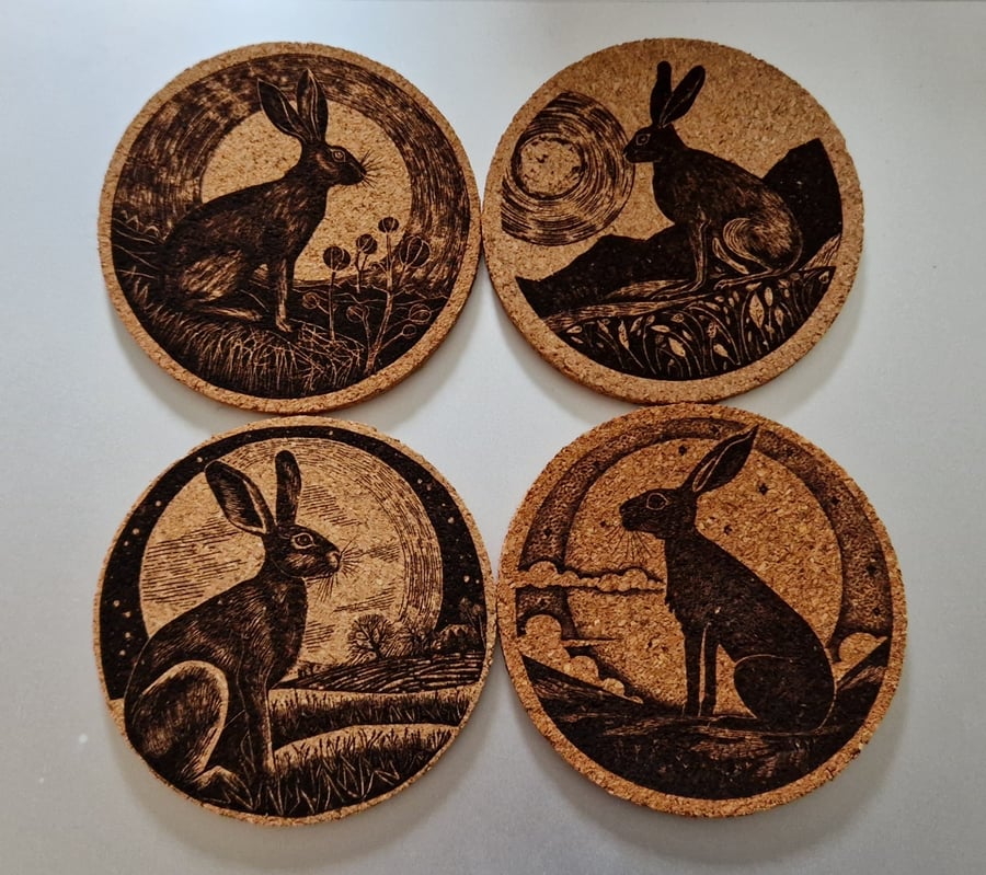 Set of Four Cork Coasters with Hare Designs